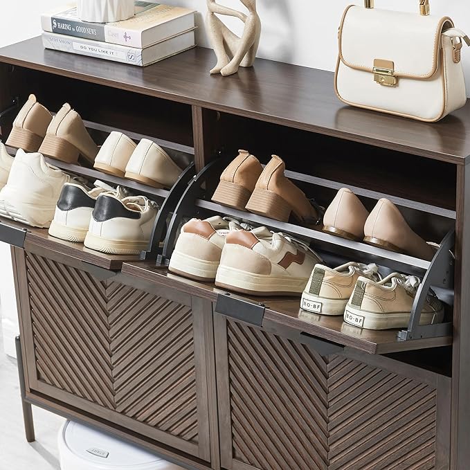 Shoe Cabinet Storage with 4 Flip Drawers, Narrow Hidden Shoes Organizer Cabinet for Entryway, Freestanding Slim Shoe Rack Front Door Entrance(Brown)