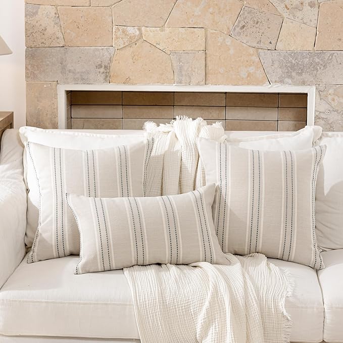 Hckot Throw Pillow Covers 18x18 Set of 2 Grey Pillow Covers Farmhouse Decorative Pillows Textured Linen Square Cushion Covers for Sofa Couch Bed Living Room Decor(Light Grey)