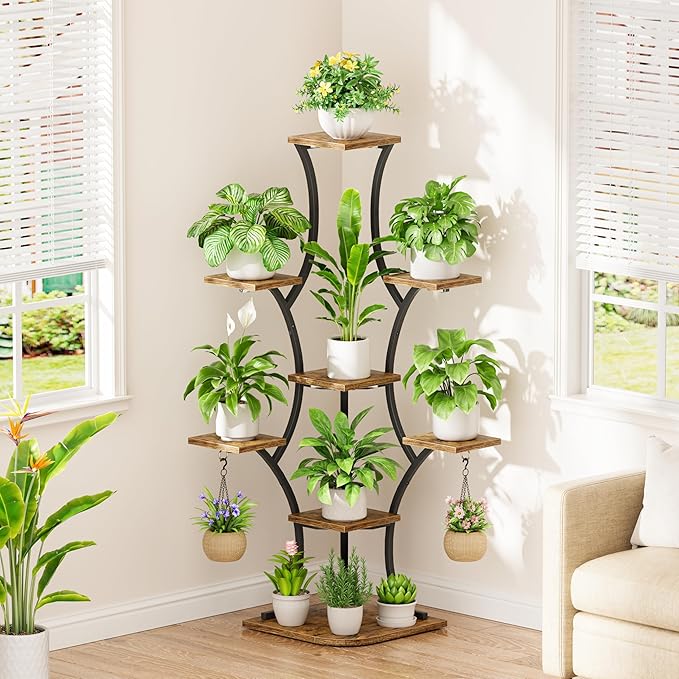 Corner Plant Stand With Grow Lights - 52.7" Indoor Plant Stand, Corner Plant Shelf For Indoor Plants, 8 Tiered Lighted Flower Holder, Tall Display Rack For Living Room, Hallway, Home, Black & Brown