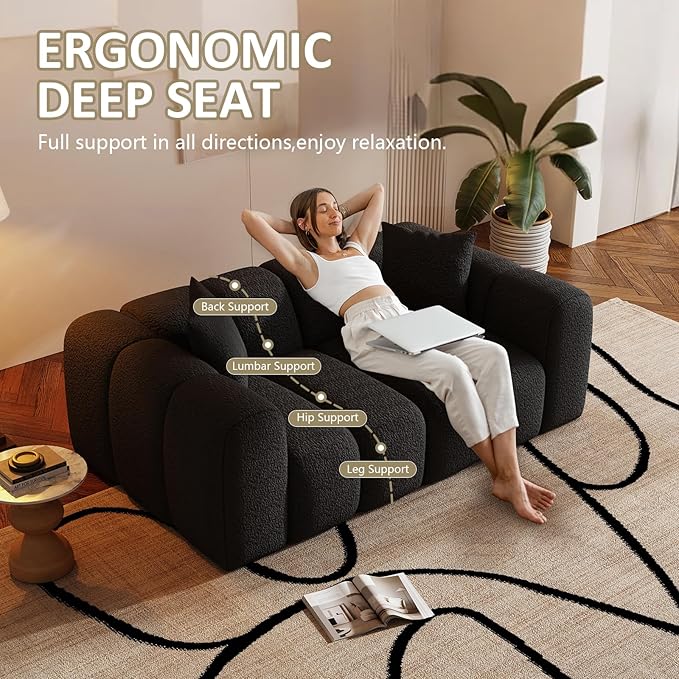 WHGBJA 70" Modern Chenille Fabric Sofa Couch – One-Piece Memory Foam 3-Seater Sofa with Rounded Arms, Soft & Cozy Upholstery for Living Room (Black)