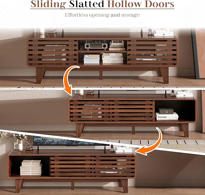 Luoxiao 55" Mid Century Modern TV Stand for 55 60 65 Inch TV, Walnut Media Console with Slatted Sliding Doors, Retro Wood Entertainment Center with Storage Shelves for Living Room, Bedroom
