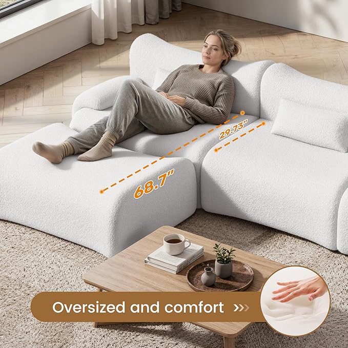 Cloud Couch Sectional, L Shaped Boneless Couches for Living Room - Oversized Modular Sofa with Deep Seats, Modern Couches with Movable Ottoman,White