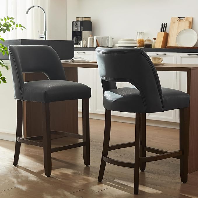 VKNOW 26" Bar Stools Set of 2, Faux Leather Counter Height Bar Stools with Backrest and Rubberwood Legs, Upholstered Barstools for Kitchen Island, Bar and Dining Room, Black
