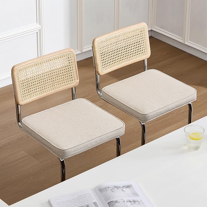Zesthouse Natural Rattan Counter Stools Set of 4, 26'' Modern Counter Height Barstools, Thin Linen Bar Stools with Solid Wood Back, Mid Century Cantilever Bar Chairs for Kitchen Island, Beige Grayish