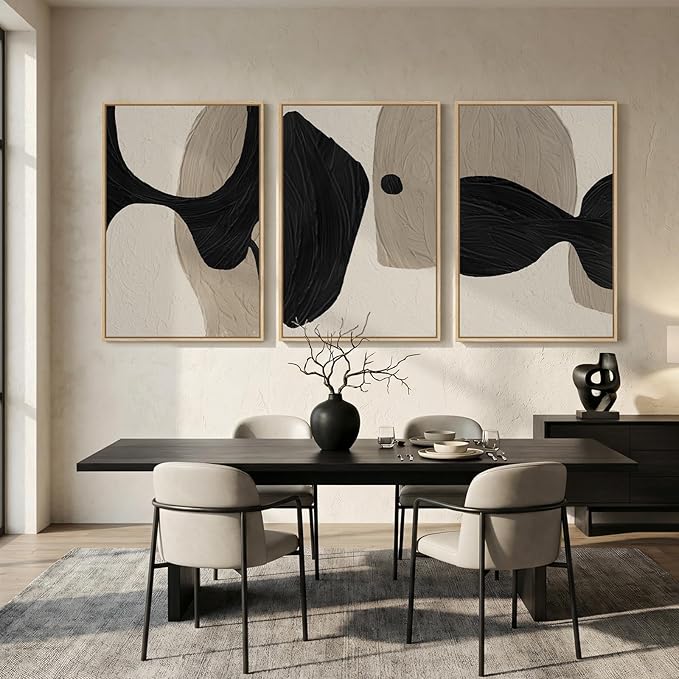 Large Framed Neutral Abstract Wall Art for Living Room, 3 Piece Black and Beige Canvas Artwork for Walls, Abstract Modern Minimalist Painting Prints Wall Decor for Bedroom Dining Room Office, 24x36 In