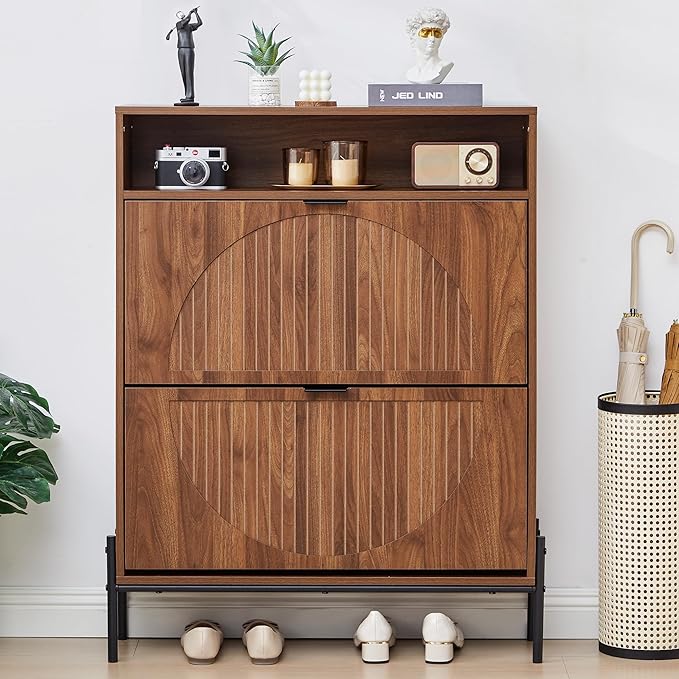 FurSch Fluted Shoe Cabinet with 2 Flip Drawers, Slim Freestanding Hidden Shoe Cabinet Organizer, Narrow Shoes Storage Rack for Entryway (All Walnut-2 Drawers, 9.45" D x 31.5" W x 41.93" H)