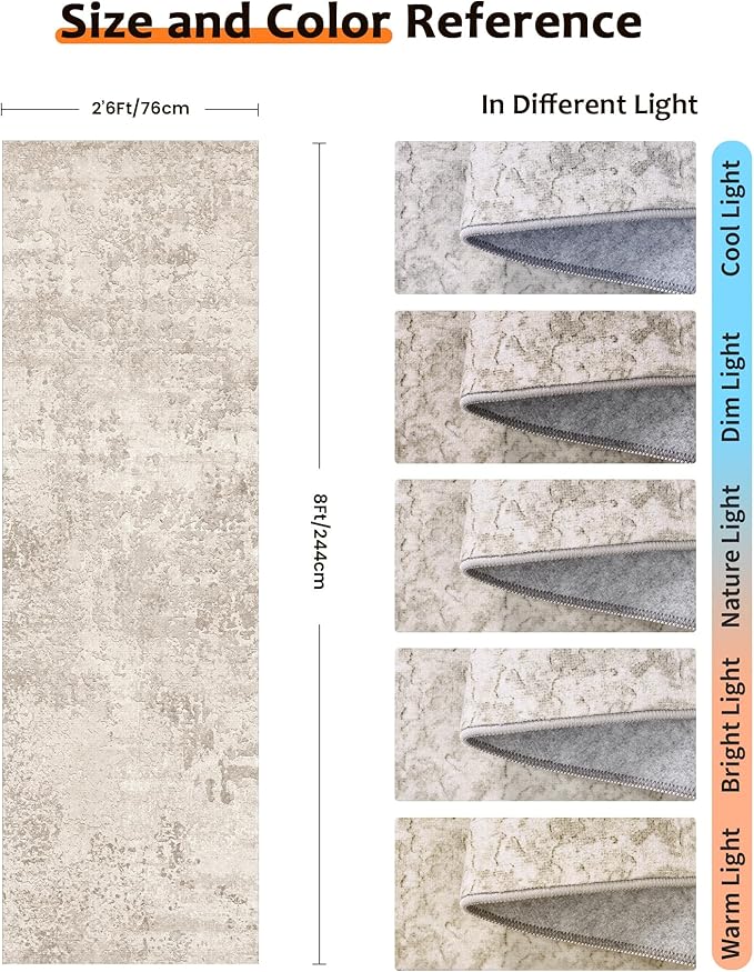 Art&Tuft Runner Rug Non-Slip - 2‘6" x8' Washable Hallway Runner Rug, Low-Pile Rugs Runners, Soft Distressed Carpet Runners for Hallway Bedroom Bathroom Kitchen Laundry Living Room, Beige