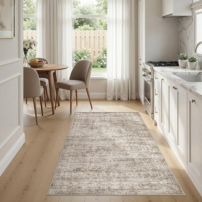 cotiled Large Area Rugs for Living Room, Machine Washable Rugs with Non Slip Backing Modern Neutral Abstract Rugs Stain Resistant Distressed Carpets for Home Office Decor (3x5 Dark Brown)