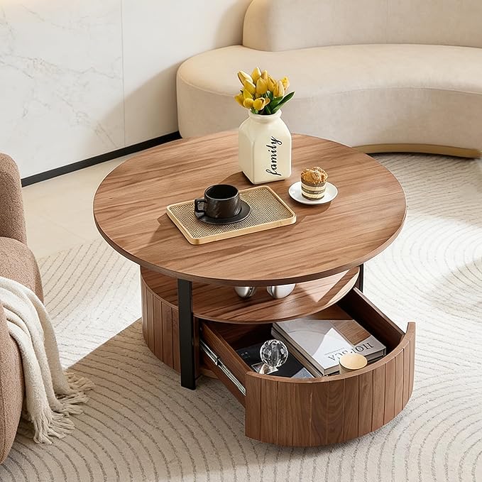 33.07" Round Coffee Table with Storage, 2 Tier Modern Wood Center Table with Drawer, 2 Tiers and 1 Drawer, Accent Table for Living Room, Apartment, Small Space.(Walnut)
