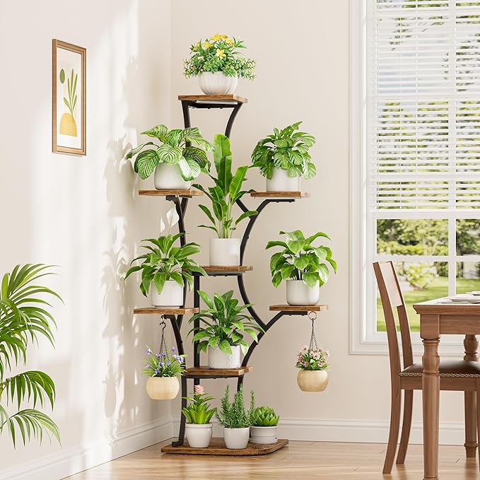 Corner Plant Stand With Grow Lights - 52.7" Indoor Plant Stand, Corner Plant Shelf For Indoor Plants, 8 Tiered Lighted Flower Holder, Tall Display Rack For Living Room, Hallway, Home, Black & Brown