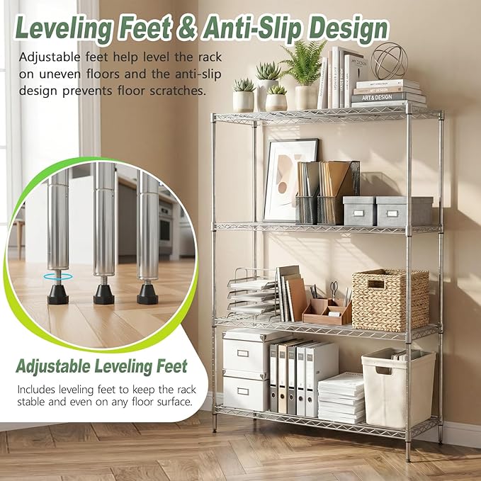 BestOffice 4-Tier Wire Shelving Unit, 800 LBS Heavy Duty Metal Storage Shelves, Adjustable Wire Shelf for Garage, Kitchen, Pantry, Utility Shelving Rack with Leveling Feet, Chrome
