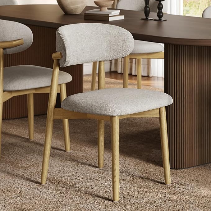 Modern Solid Wood Dining Chairs Set of 2 with Curved Back, Ergonomic Upholstered Seat, Natural Wood Legs with Adjustable Anti-Slip Foot Pad, for Kitchens, Living Rooms, Offices (S-Oak, Set of 2)