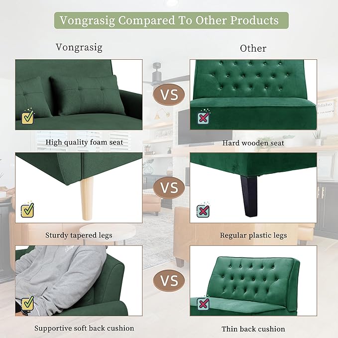 Vongrasig 47" Small Modern Loveseat Sofa, Mid Century Linen Fabric 2-Seat Sofa Couch Tufted Love Seat with Back Cushions and Tapered Legs for Living Room, Bedroom and Small Space (Green)
