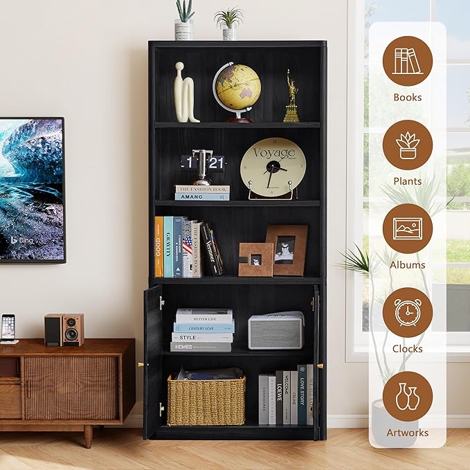 ORRD 70.8" Tall Fluted Bookshelf with Storage Cabinet Set of 2, Modern 5-Tier Wood Bookcase with Open Display Storage Shelf, Gold Handles for Office Living Room (Black)