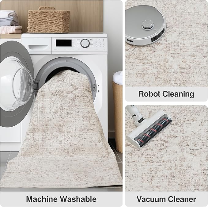 FMFUNCTEX 3x10 Runner Rug Beige Washable Vintage Neutral Oriental Distressed Non Slip Low Pile Indoor Carpet Soft Retro Hallway Entryway Rug for Kitchen Living Room Bedroom Bathroom Laundry Bedside