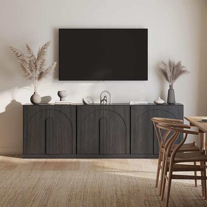BELLEZE Bijou Modular Media Console Wall Unit (94.5" Wide)-Extra Long Entertainment Center & Storage System-Arched Door Sideboard for Living Room & Office-Hides All Clutter, Ebony