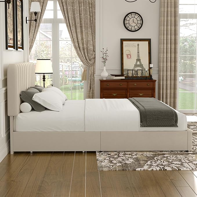VECELO Queen Size Upholstered Bed Frame with 4 Drawers and Headboard, Velvet Platform Storage Bedframe, Wooden Slats Support, No Box Spring Needed, Beige