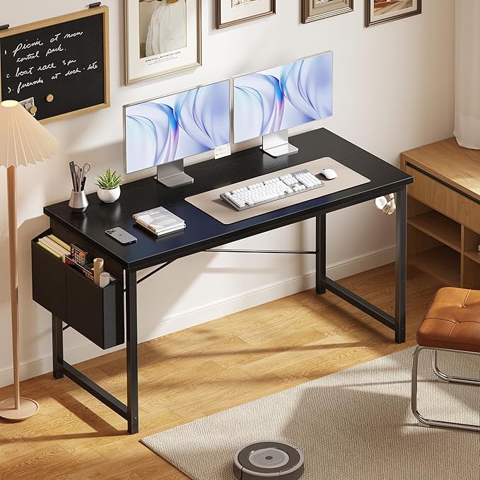 OLIXIS Computer Desk 55 Inch Home Office Desks for Small Spaces, Gaming Writing Study Work Table with Storage Bag and Headphone Hook for Bedroom, Black