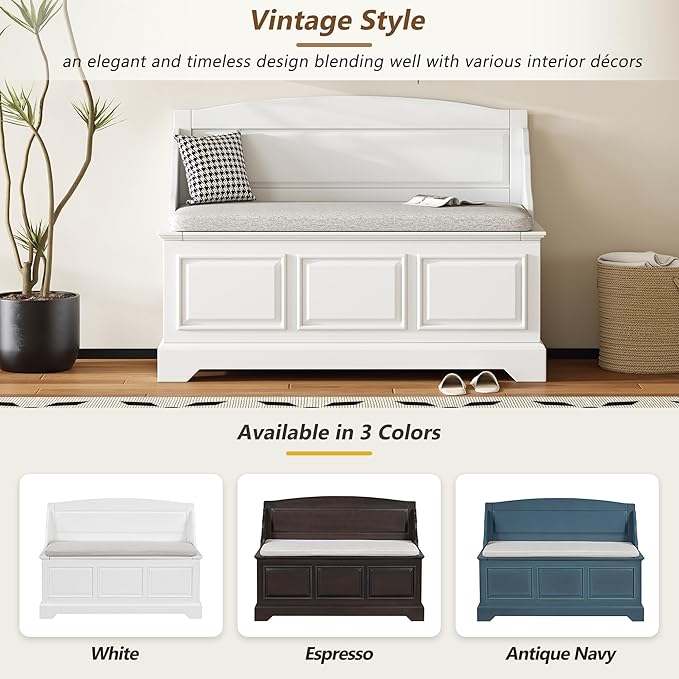 LUMISOL Shoe Storage Bench with Cushion, 41.7“ Farmhouse Entryway Bench with Soft-Close Devices and Hidden Storage, Upholstered Storage Ottoman for Living Room, Entryway, Bedroom, White