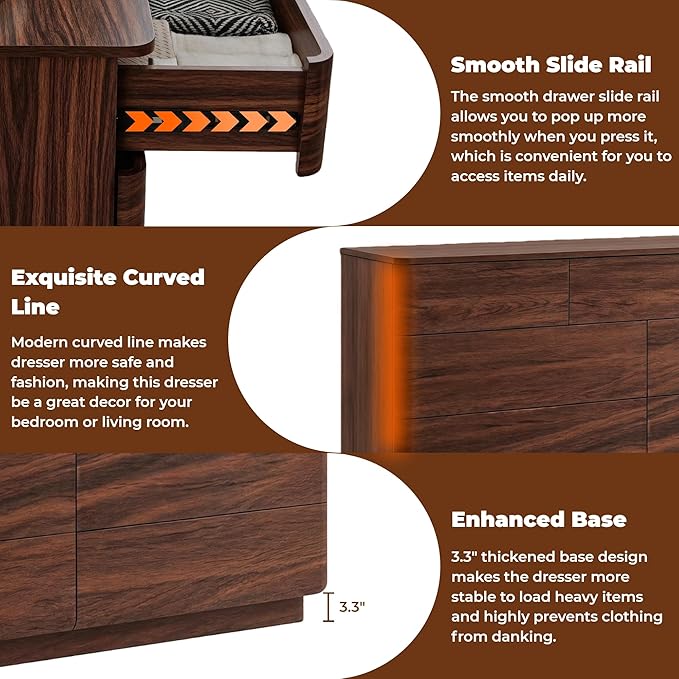 ACCOHOHO 9 Drawer Dresser for Bedroom, 52" Wide Modern Wood Dresser with Hidden Handle Drawers, Large Storage Chest of Drawers, TV Stand for Living Room & Hallway, Curved Profile Design, Dark Walnut