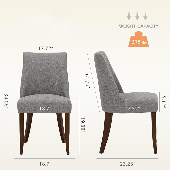 Wooden Dining Chairs Set of 2, Upholstered Farmhouse Fabric Dining Room Chair, Mid Century Kitchen Chair for Restaurant & Cafe, Light Grey