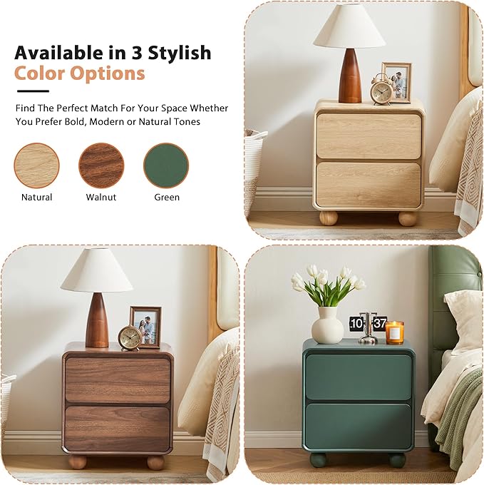 AVZEAR Small Night Stand with 2 Drawers, Mid Century Modern Nightstands with Solid Wood Legs, 2 Drawer Dresser Curved Profile Design End Table Side Table for Small Space, Dorm, Bedroom((Natural)