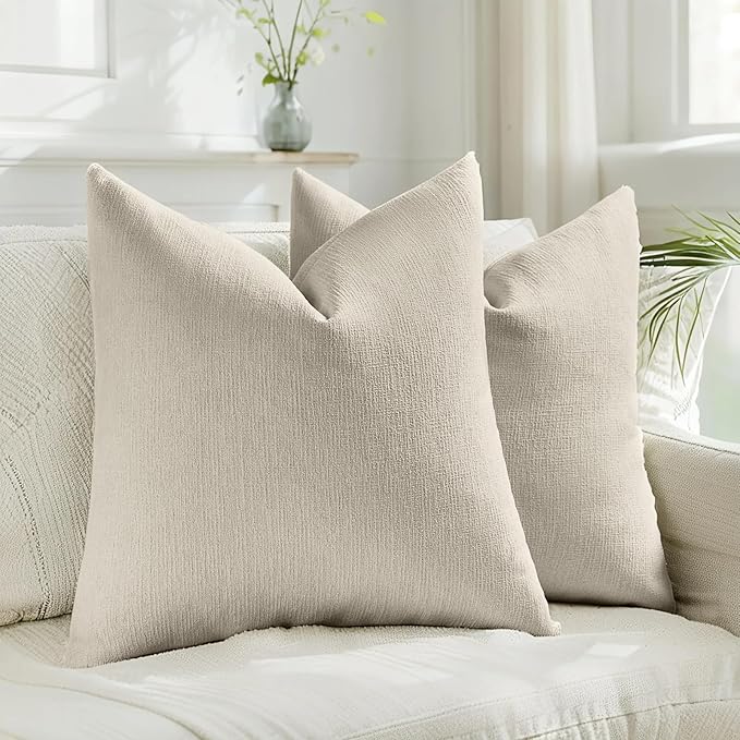 HAUSSY Beige Throw Pillow Covers 18x18 Inch Set of 2,Boho Decorative Faux Linen Throw Pillows Cozy Farmhouse Accent Cushion Covers,Home Decor for Couch Sofa Bed Living Room