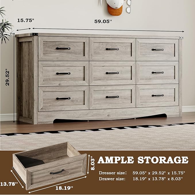 BORNOON 9-Drawer Dresser for Bedroom, Modern Wooden Chest of Drawers with Metal Handles, Anti-Tipping Design, Sturdy and Stable Storage Organizer for Living Room, Entryway, Home Office