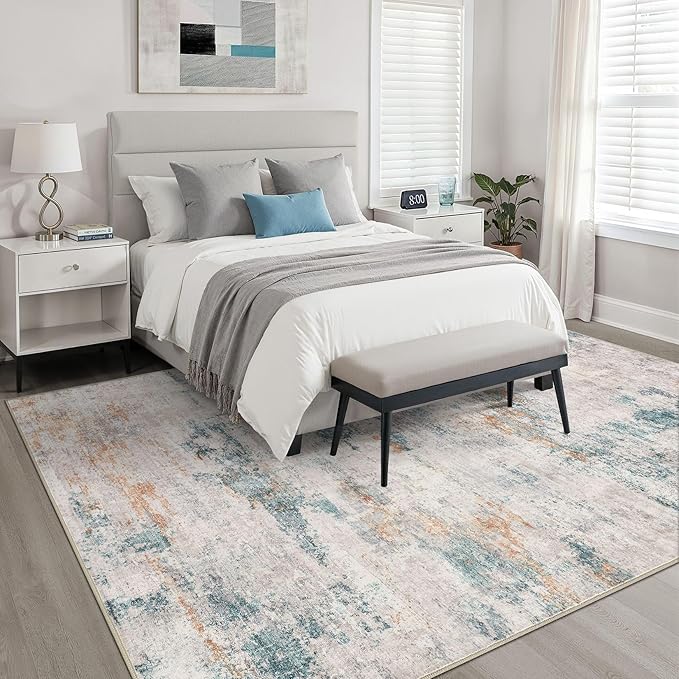 8x10 Area Rugs Living Room: Washable Large Neutral Aqua Brown Rug Abstract Soft Modern Stain Resistant Indoor Floor Non-Slip Carpet for Bedroom Nursery Kids Office Playroom Dining Room Under Table