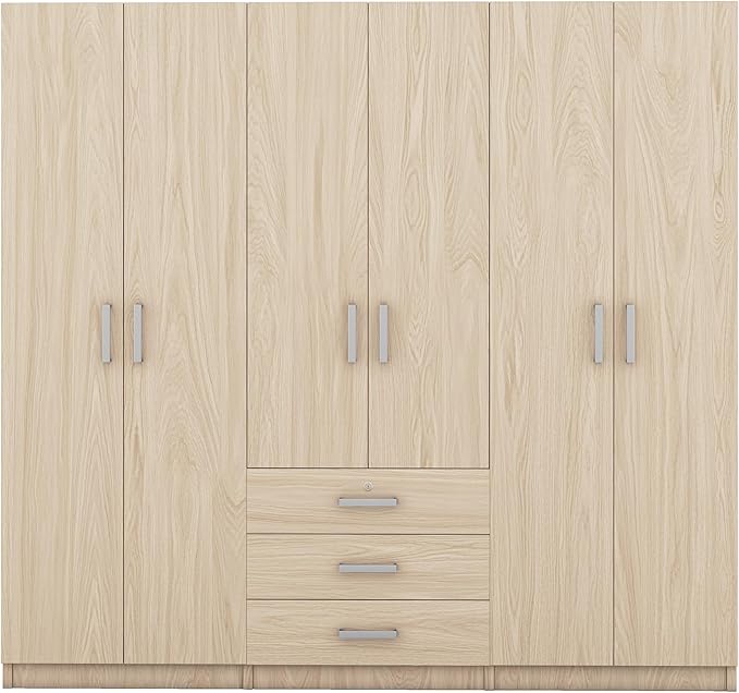 Merax 6 Doors Wardrobe Clothes Organizer, Wooden Armoire Wardrobe Closet with Three Big Drawers with Locker, Hanging Rail and Shelves for Home Room, Bedroom, Natural