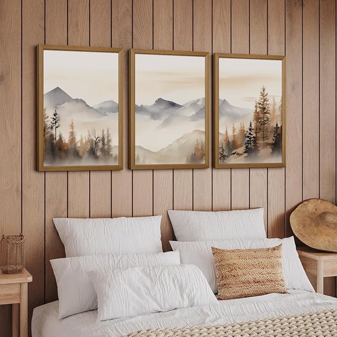 Neutral Mountain Wall Art Decor Set of 3 Forest Canvas Wall Art Poster Landscape Wall Art Artwork Modern Pictures Abstract Painting Watercolor Prints for Living Room Bedroom 16x24 Inch Framed