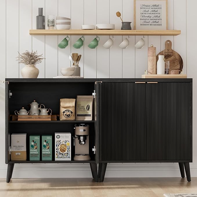 Homleke Buffet Cabinet with Storage, Modern Fluted Accent Sideboard with Doors & Adjustable Shelves, Buffet Table Entryway Cabinets for Living Room, Kitchen, Dining Room, Hallway, Black