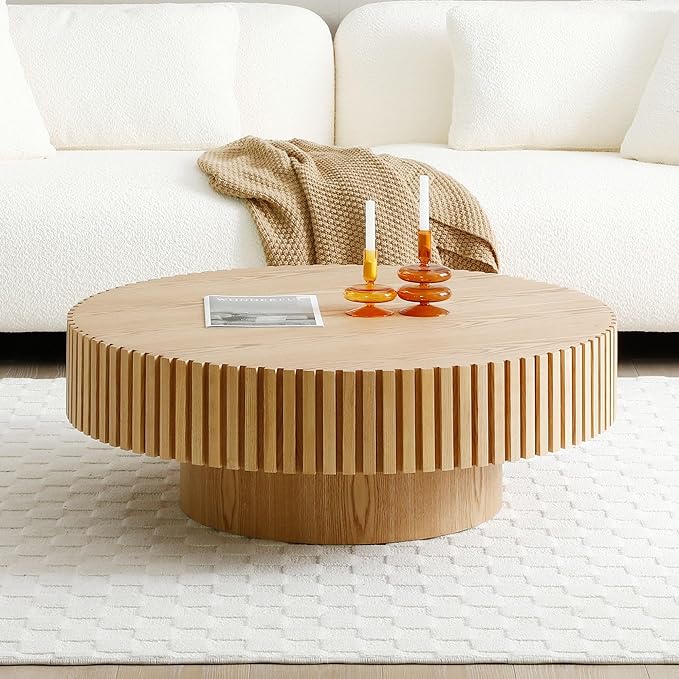 31.49" Round Fluted Coffee Table for Living Room, Mid Century Modern Drum Coffee Table with Sturdy Pedestal, Circle Center Table Accent Tea Table for Apartment ASH