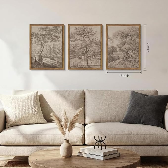 Vintage Landscape Framed Wall Art Set of 3, Neutral Nature Wabi Sabi Canvas Wall Decor Painting, Rustic Retro Botanical Tree Artwork Prints Pictures for Farmhouse Living Room Bedroom 16x24 Inch