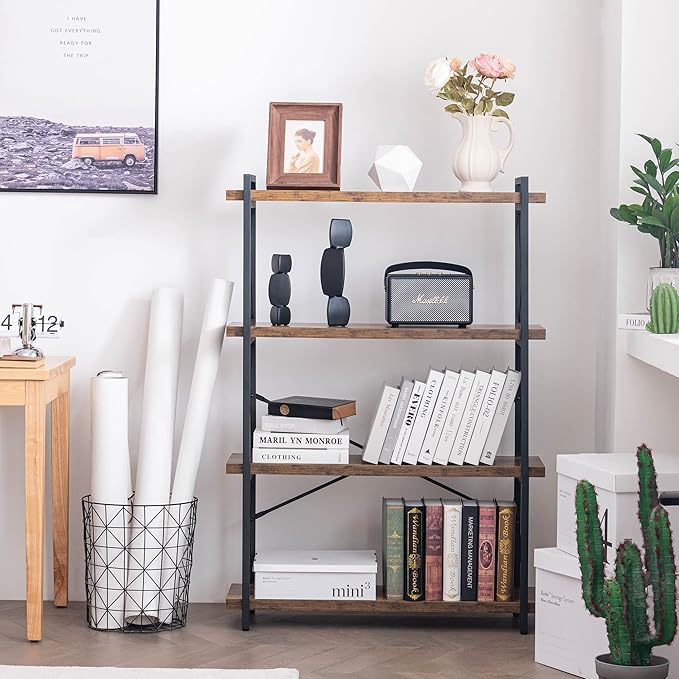 HCHQHS Bookshelf, 4-Tier Industrial Bookcase, Rustic Open Book Shelf, Freestanding Tall Bookshelves with Metal Frame