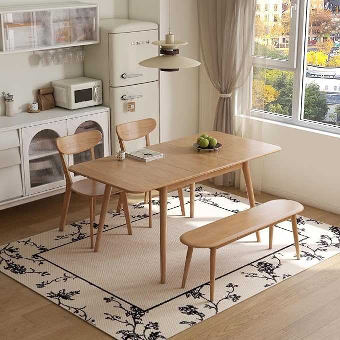 47’’-63’’ 100% Oak Extendable Dining Table Chairs and Bench Set, Solid Wood Folding Kitchen Table, Mid Century Modern Dinner Table for Kitchen, Living Room, Natural (47''-63''+2Chairs+47''Bench)