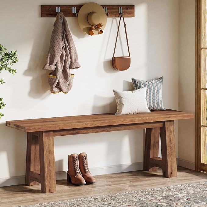 55" Solid Wood Entryway Bench, Farmhouse Long Wood Bench Dining Seat for Living Room, Dining Room, Hallway, Rustic Brown