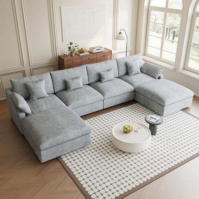 Modular Sectional Sofa Cloud Couch, 155.9" Oversized U Shaped Couch with Chaise Ottomans, Modern Minimalist Deep Seat Couches for Living Room, Sofa Covers Washable&Removable, Grey