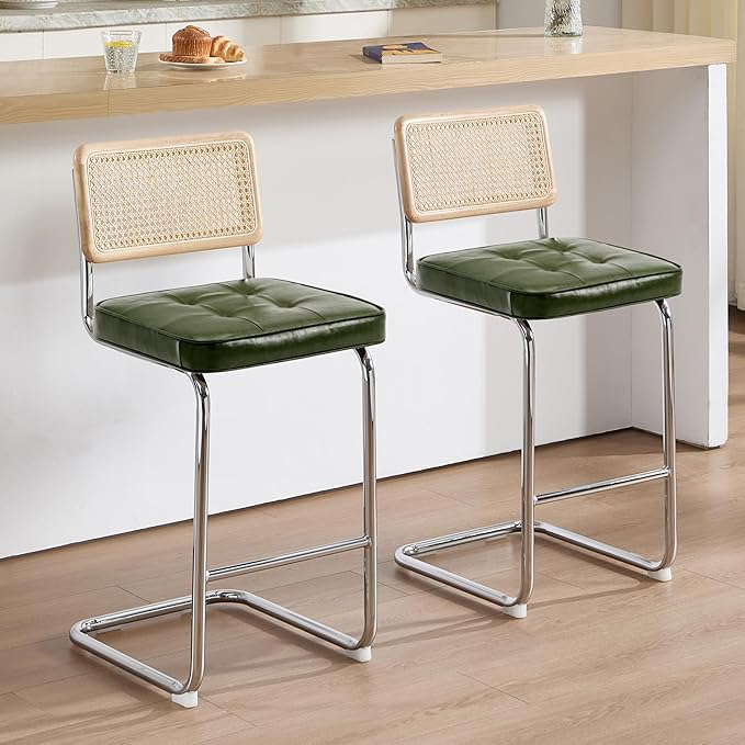 Zesthouse Natural Rattan Bar Stools Set of 2, Modern Counter Height Stools with Solid Wood Back, 26'' Counter Height Chairs, Mid Century Cantilevered Bar Chairs for Kitchen Island, Faux Leather Green