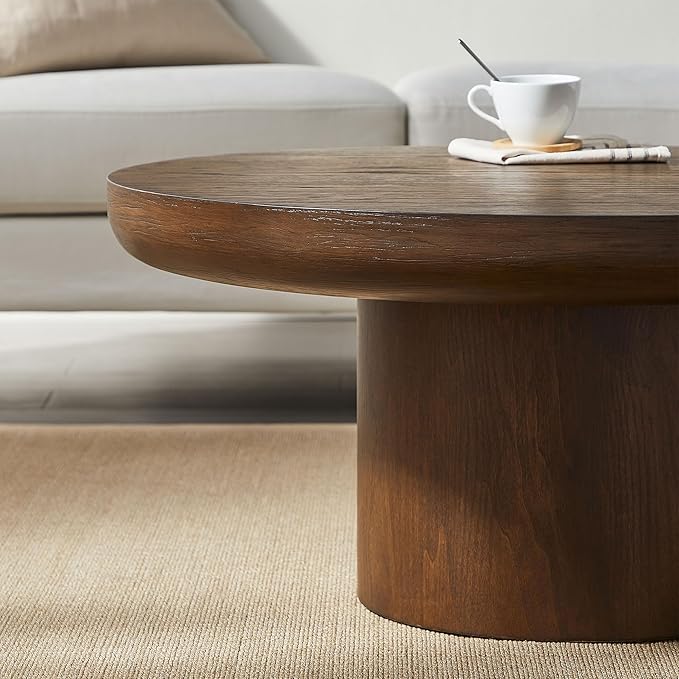 WILLIAMSPACE 35.98" Round Coffee Table with Cylindrical Base, Modern Wood Drum Center Table, Accent Side End Table for Living Room Apartment, φ35.98"*15.98"H (Dark Brown)