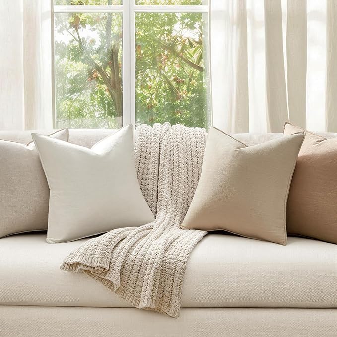 Natural Throw Pillow Covers with Press Edge Design Pack of 4 Solid Linen Decorative Pillow Covers Soft Accent Boho Pillowcases Modern for Couch Bed Living Room Balcony and Car 16x16 Inch