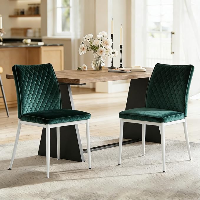 Dining Chairs Set of 2, Velvet Comfortable Seats, Mid-Century Modern Living Room Chairs, Upholstered Kitchen Chairs with Mental Legs and Padded Seat, Easy Assembly, Dark Green