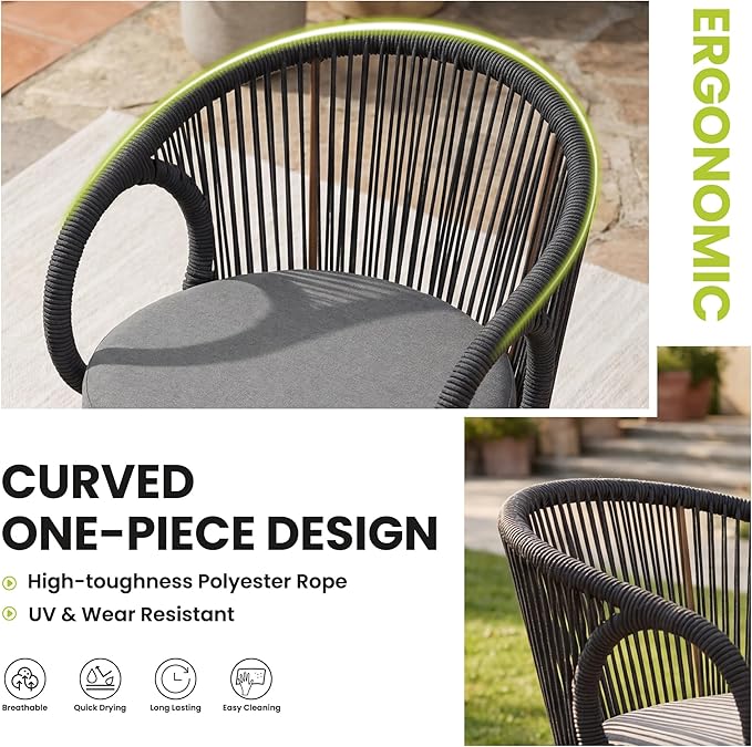 Modern Outdoor Dining Chair Set of 4 with Cushion, Scandinavian Rope Woven Patio Armchairs, Wood-Look Metal Frame, Weather-Resistant Balcony Backyard Dining Seating, Dark Grey
