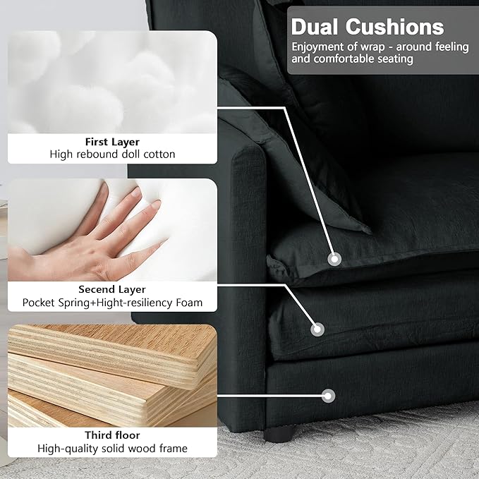 Modular Sectional Sofa, 146.5 Inch L-Shaped Cloud Sofa with Deep Seat Chenille Sofa with Cushions, Four Seater Sectional Sofa for Living Room Apartment,Black