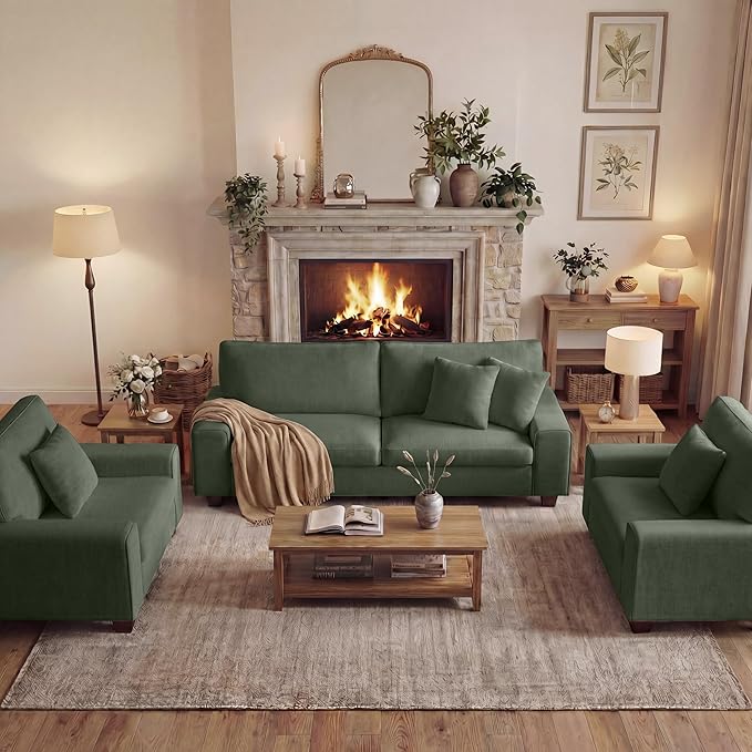 DOPEDIO Modern Living Room Sofa Set, 71.25" Chenille Loveseat with 2 Accent Chairs, Removable Covers, Spring Cushions, Solid Wood Frame, Easy Assembly（71.25inch+2 Single,Green）