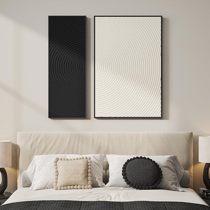 Framed 3D Textured Black and White Abstract Wall Art, 2 Piece Modern Minimalist Paintings Artwork for Walls, Black White Geometric Line Pictures for Living Room Bedroom Hallway Office Wall Decor