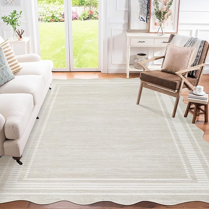 Garvee Scalloped Modern Abstract Rug 5x7 Washable Rug for Bedroom, Non-Slip Non-Shedding Soft Living Room Rug, Minimalist Scalloped Low-Pile Throw Carpet for Dining Room Home Office, Beige