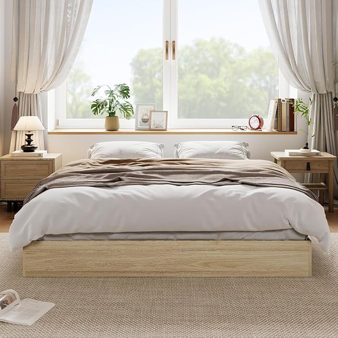 Garvee King Size Solid Wood Platform Bed with Sturdy Wooden Slats, Floor-Standing Bed Frame, Modern Minimalist Design Bed Frame, No Box Spring Needed, Space Saver, Easy Assembly, Golden Tan Wood