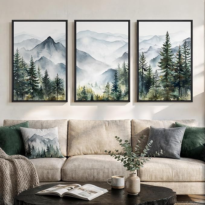 Framed Mountain Landscape Wall Art for Living Room, 3 Piece Nature Foggy Forest Canvas Artwork for Walls, Scenic Pine Tree Paintings Print Wall Decor for Bedroom Hallway Office Dining Room, 16x24 Inch