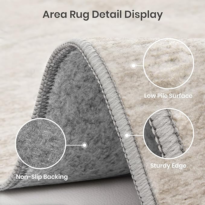 Valenrug Washable Round Area Rugs 8x8 - Stain Resistant 8ft Round Rugs for Living Room, Non Slip Backing Printed Rugs for Bedroom, Folable Machine Washable Area Rug (8ft, Beige)